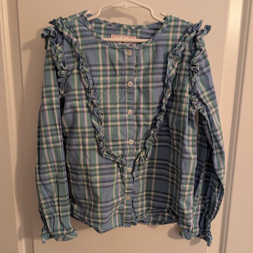 $💥 3/$24 Classic Preppy Blue Plaid Blouse With Ruffle Detail‎